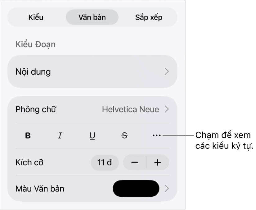 Các điều khiển Định dạng với các kiểu đoạn ở trên cùng, sau đó là các điều khiển Phông chữ. Bên dưới Phông chữ là các nút In đậm, In nghiêng, Gạch chân, Gạch xuyên và Tùy chọn văn bản khác.