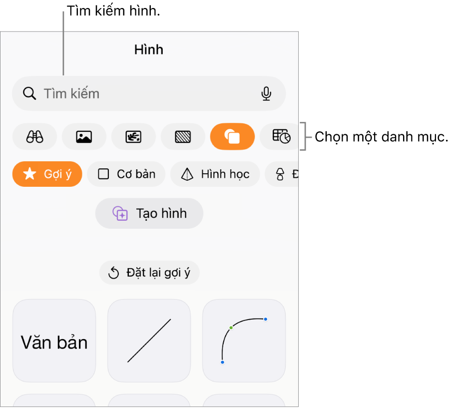 Thư viện hình, với các danh mục ở trên cùng và các hình được hiển thị ở bên dưới. Bạn có thể sử dụng trường tìm kiếm ở trên cùng để tìm các hình và vuốt để xem thêm.