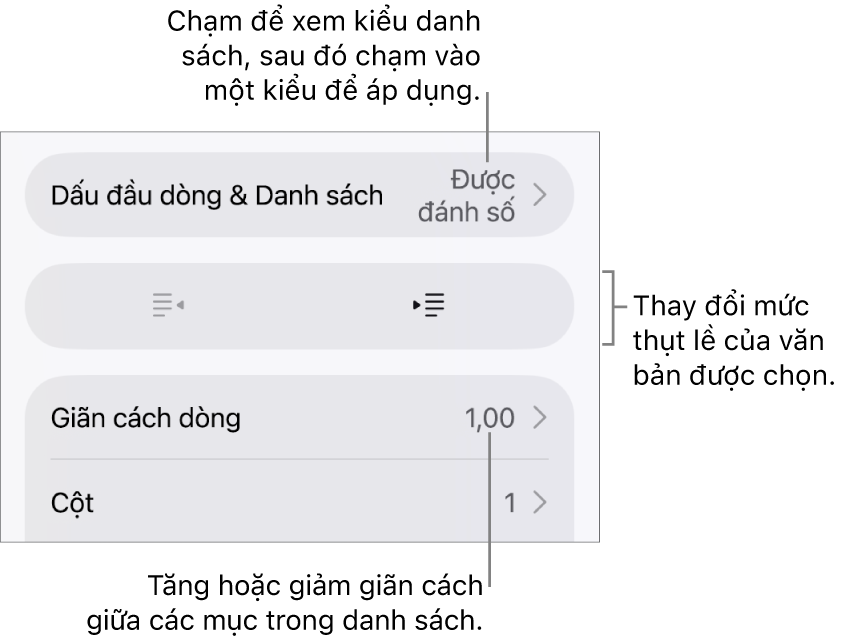 Phần Dấu đầu dòng & Danh sách của điều khiển Định dạng với các chú thích đến Dấu đầu dòng & Danh sách, các nút thụt lề và nhô lề và các điều khiển giãn cách dòng.