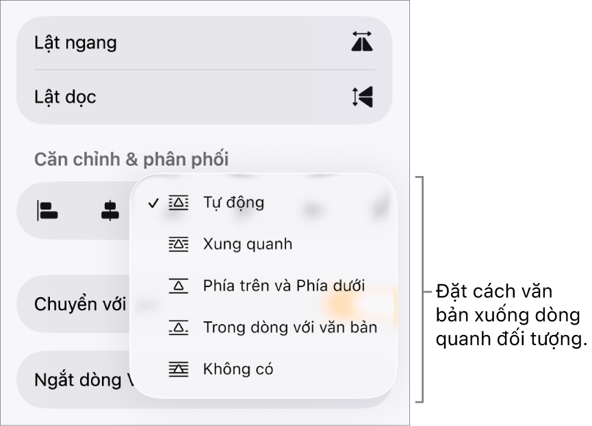 Các điều khiển Định dạng với tab Sắp xếp được chọn. Bên dưới là các điều khiển Ngắt dòng văn bản với Chuyển ra trước/sau, Chuyển với văn bản và Ngắt dòng văn bản.