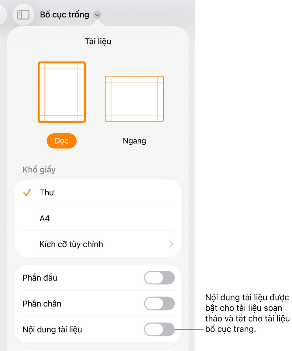Các điều khiển định dạng Tài liệu với Nội dung tài liệu được bật gần cuối màn hình.