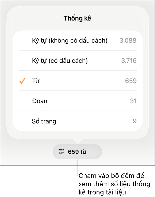 Bộ đếm từ với menu đang hiển thị các tùy chọn để hiển thị số lượng ký tự có và không có dấu cách, số từ, số đoạn và số trang.