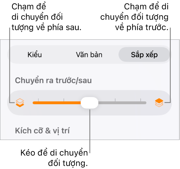 Nút Chuyển ra sau, nút Chuyển ra trước và thanh trượt tạo lớp.