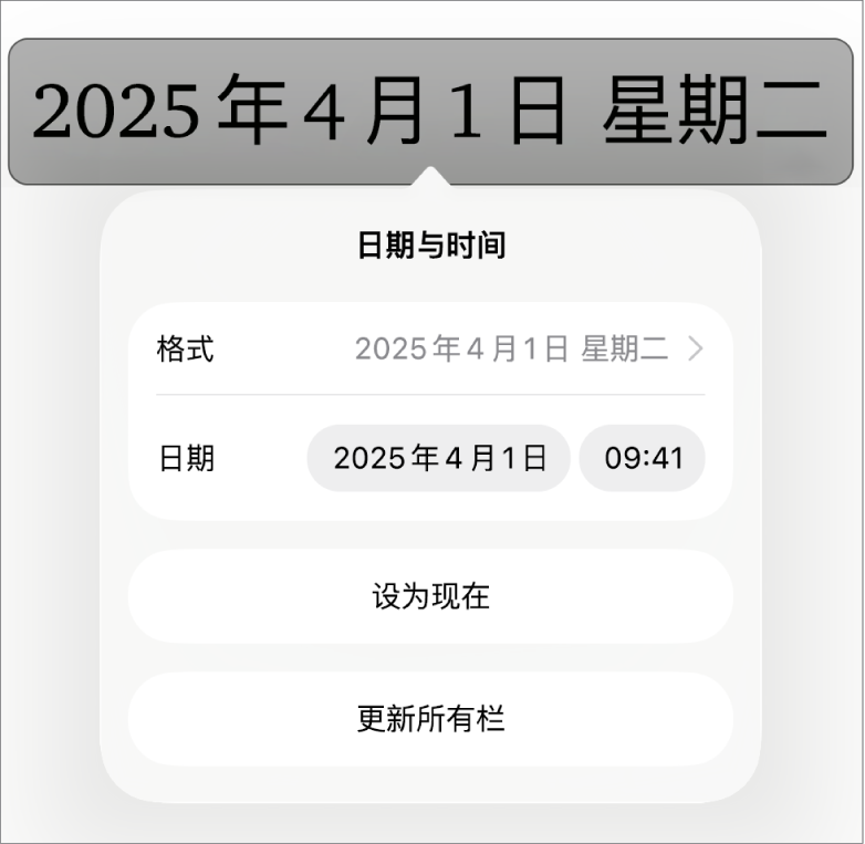 “日期与时间”控制,显示了日期“格式”的弹出式菜单和“设为现在”与“更新所有栏”按钮。