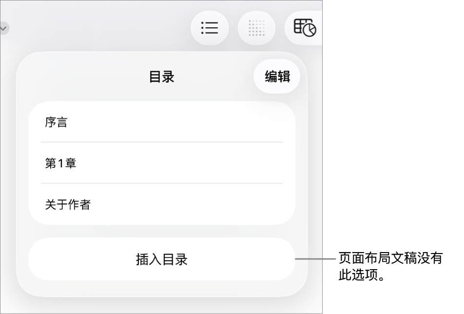 目录视图,右上角是“编辑”,底部是目录条目和“插入目录”按钮。