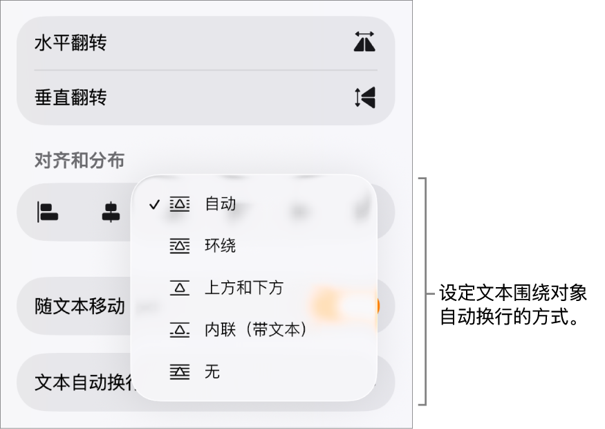 “格式”控制,其中“排列”标签被选中。其下方是含“移至后面/前面”、“随文本移动”和“文本自动换行”的“文本自动换行”控制。