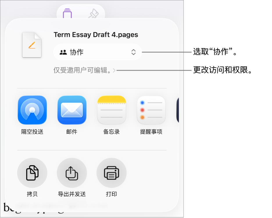 “共享”菜单,顶部已选中“协作”,下方是访问和权限设置。