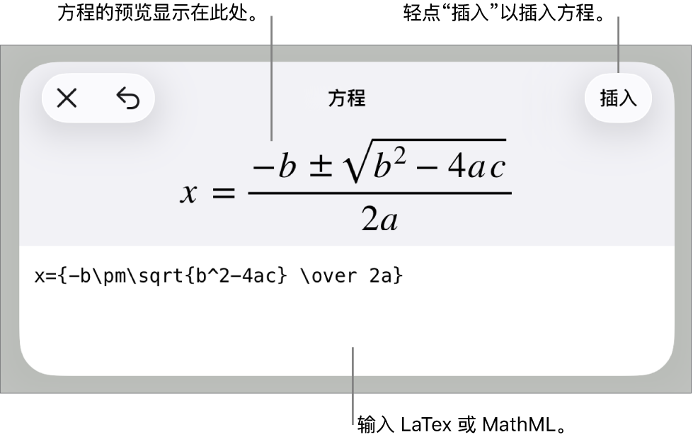 “方程”对话框,显示使用 MathML 命令所写的方程,以及上方公式的预览。