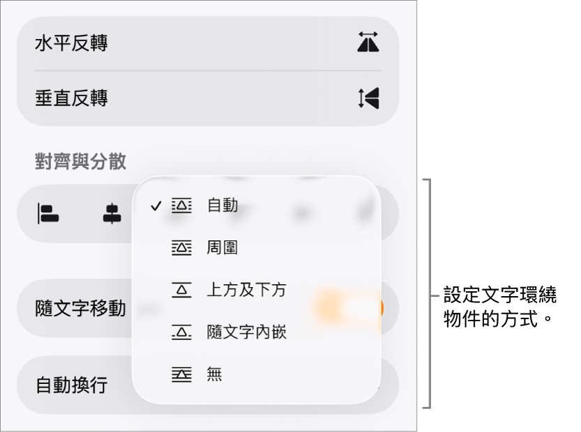 「格式」控制項目中已選擇「排序」分頁。其下方為「文字環繞」控制項目,其包含「移至最後/最前」、「隨文字移動」和「文字環繞」。