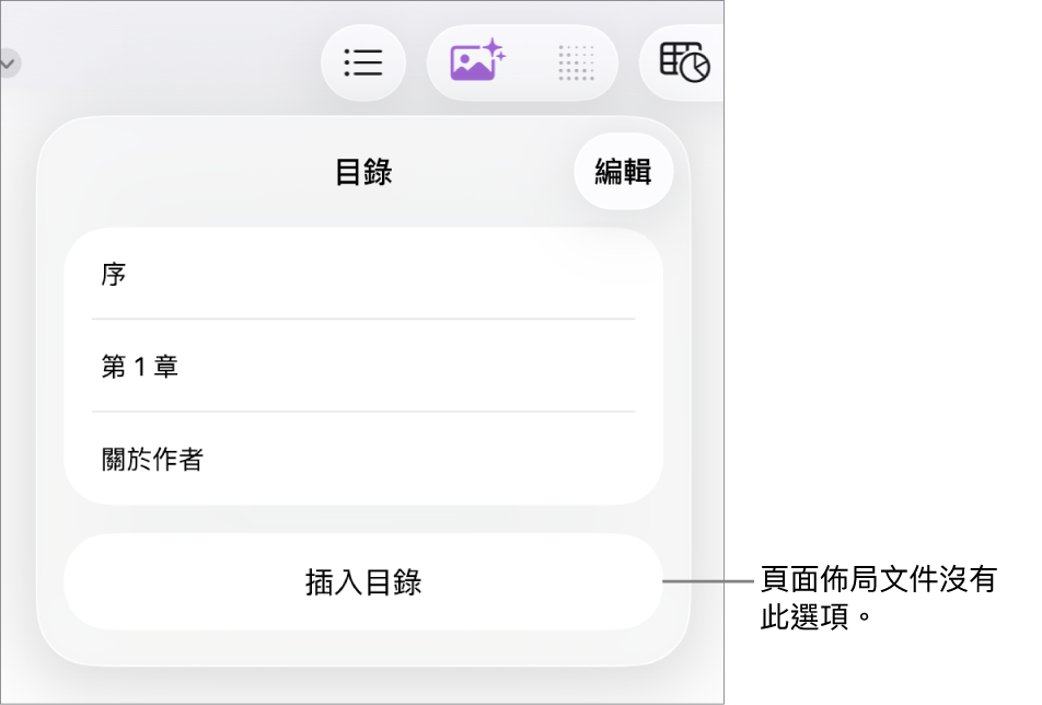 目錄顯示方式，其中包括位於右上角的「編輯」、目錄項目以及位於底部的「插入目錄」按鈕。