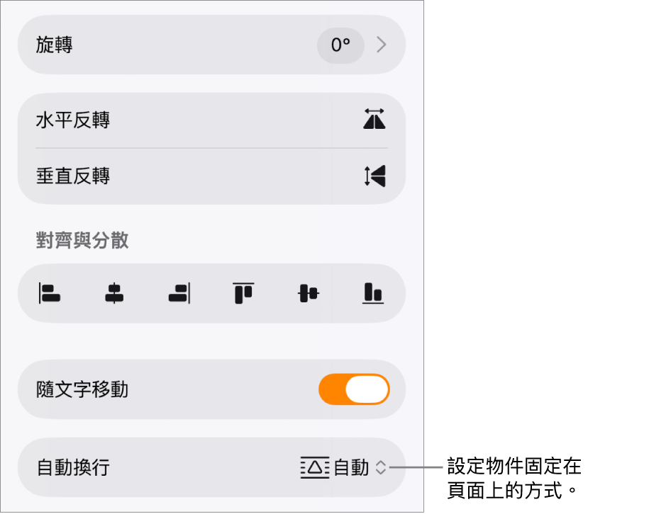 「格式」控制項目和已選擇「排列」分頁,以及「移至最後/最前」、「隨文字移動」和「文字環繞」控制項目。