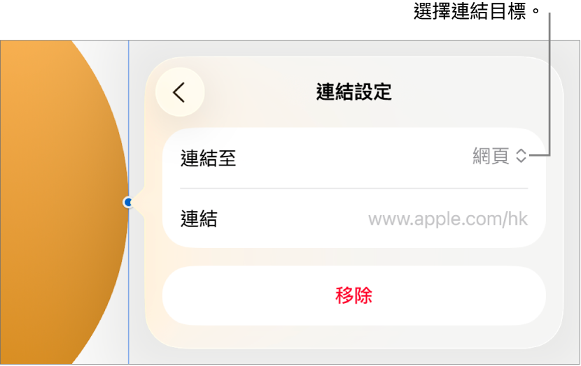「連結設定」控制項目,其中已選取「網頁」,而「移除」按鈕則位於底部。