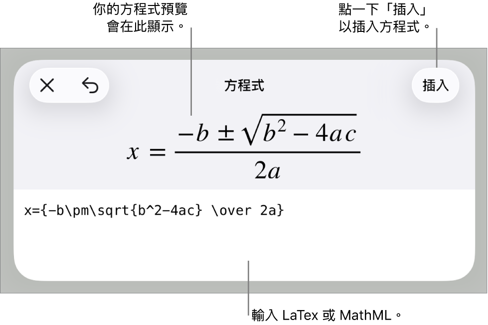 「方程式」對話框，顯示使用 MathML 指令寫入的方程式，上方是公式的預覽。