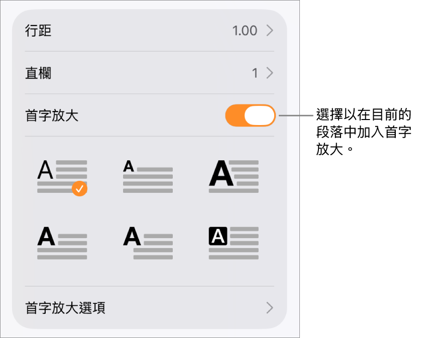 「首字放大」控制項目位於「文字」選單。