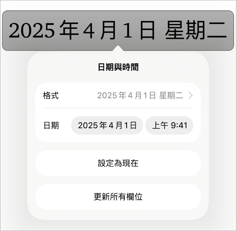 「日期與時間」控制項目,顯示日期「格式」的彈出式選單,以及「設為現在」和「更新所有欄位」。