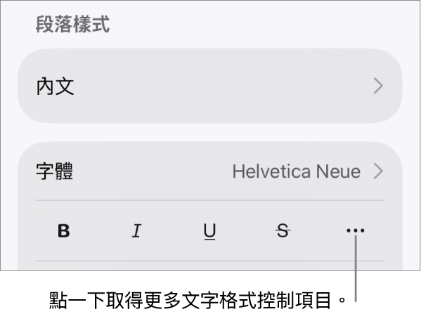 「格式」控制項目的「文字」分頁,附有文字説明指向「更多文字選項」按鈕。