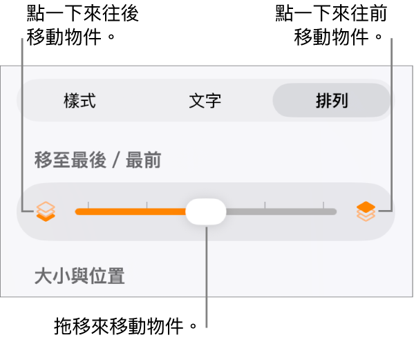 「後移」按鈕、「前移」按鈕及分層滑桿。