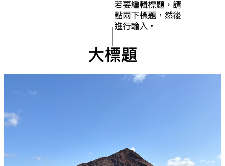 暫存區標題,「標題」顯示在照片下方,藍色外框環繞標題欄位顯示已選取。