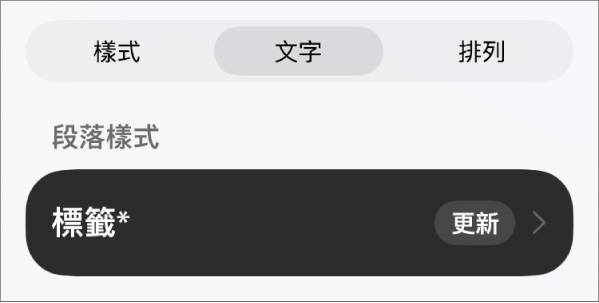 「內文」段落樣式,旁邊顯示一個星號,右側出現「更新」按鈕。