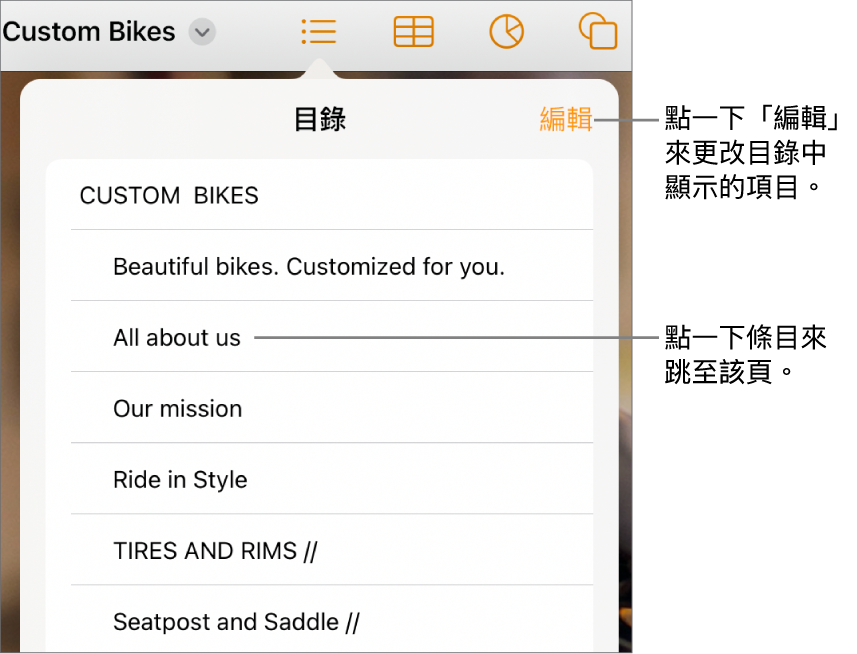目錄顯示畫面,列表中列出項目。「編輯」按鈕位於顯示方式的右上角。