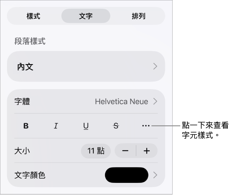 帶有段落樣式的「格式」控制項目位於最上方,然後是「字體」控制項目。「字體」下方為「粗體」、「斜體」、「底線」、「刪除線」和「更多文字選項」按鈕。