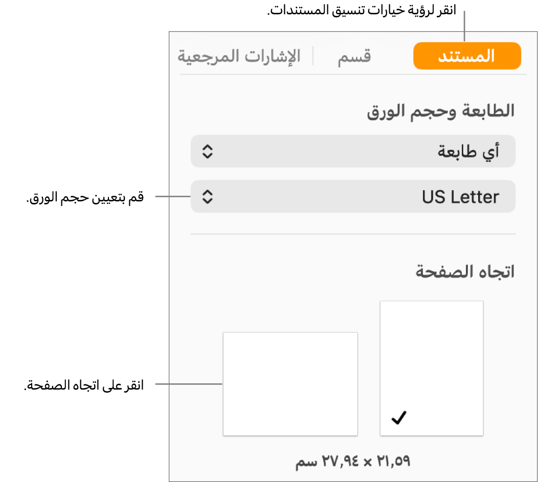 الشريط الجانبي المستند وتظهر علامة التبويب المستند في أعلى الشريط الجانبي محددة. توجد في الشريط الجانبي قائمة منبثقة لتعيين حجم الورق وأزرار لاتجاه الصفحة الرأسي والأفقي.