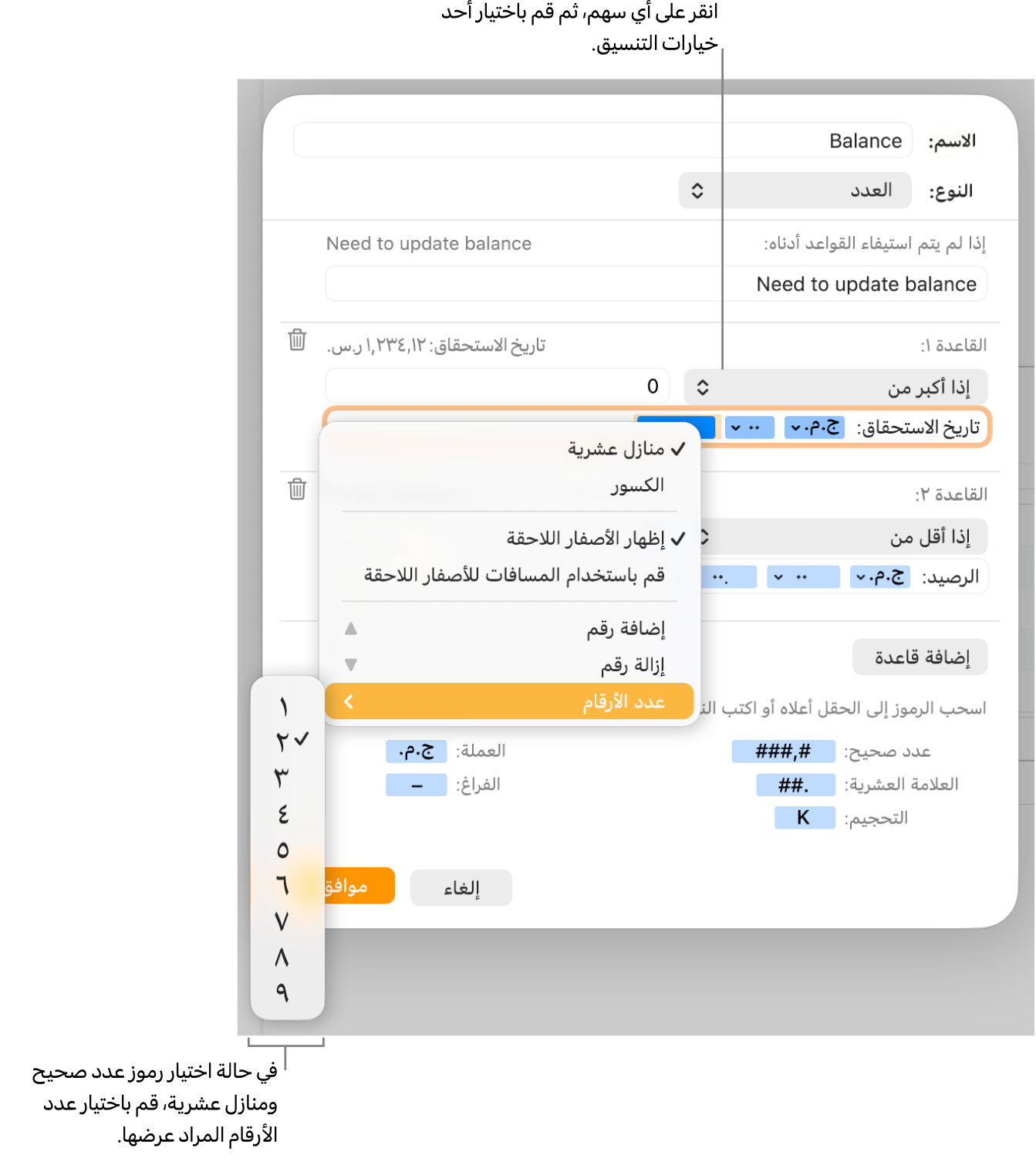 نافذة تنسيق خلية مخصصة مع عناصر التحكم لاختيار خيارات التنسيق المخصص.