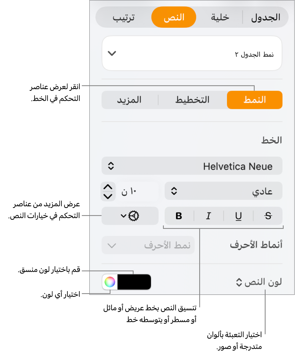 عناصر التحكم الخاصة بتطبيق أنماط نص الجدول.