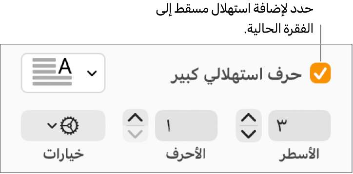 خانة اختيار الحرف الاستهلالي الكبير محددة، وتظهر قائمة منبثقة على يسارها؛ تظهر عناصر التحكم لإعداد ارتفاع السطر وعدد الأحرف والخيارات الأخرى أسفلها.