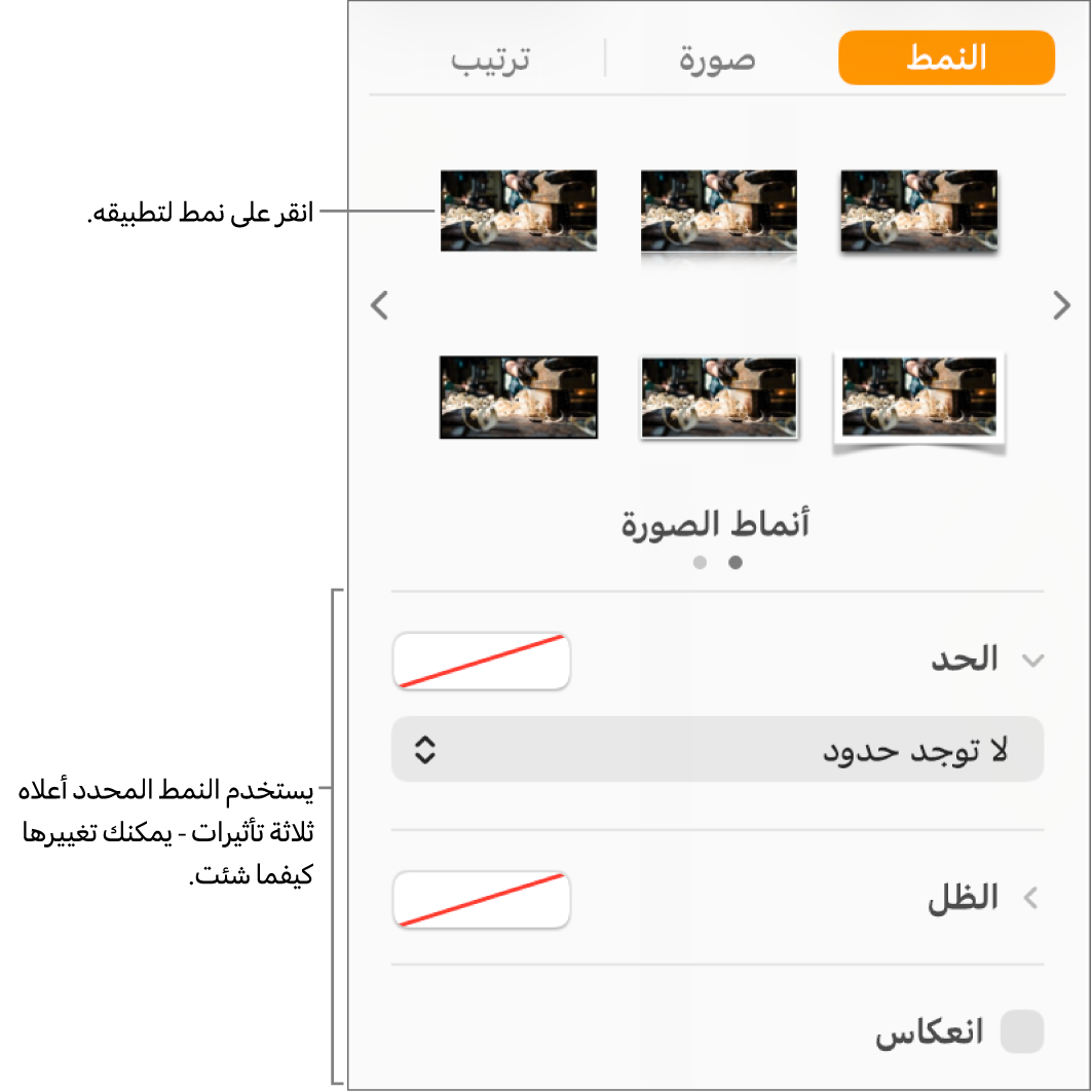 علامة التبويب نمط في الشريط الجانبي "تنسيق" ويظهر بها خيارات أنماط الكائنات.