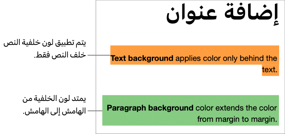 إحدى الفقرات بلون خلف النص فقط، وفقرة ثانية بلون خلفها يمتد من الهامش إلى الهامش ككتلة.