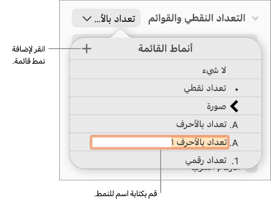 القائمة المنبثقة أنماط القائمة بها زر إضافة في الزاوية العلوية اليسرى واسم نمط عنصر نائب نصه محدد.