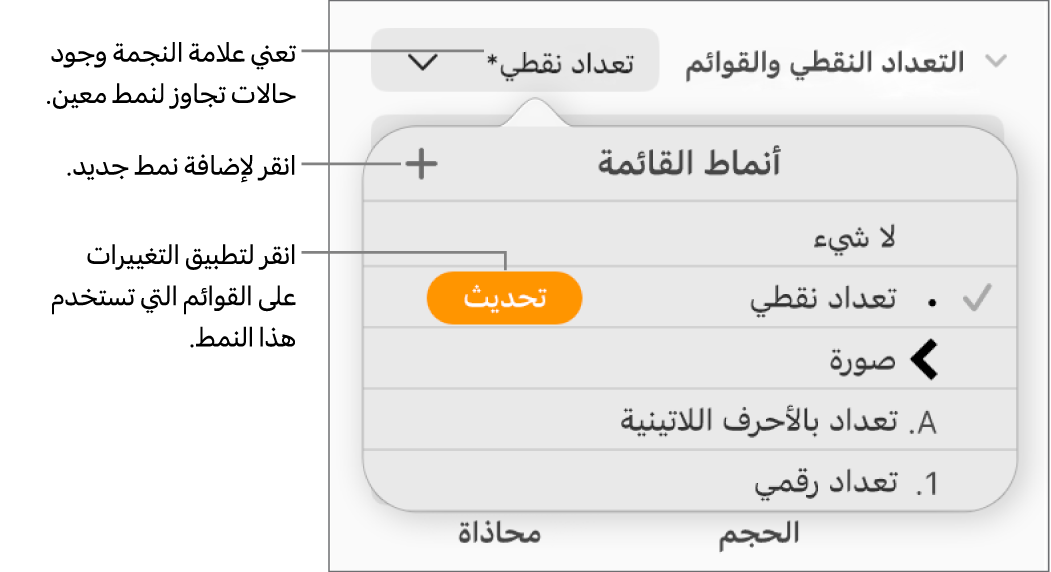 القائمة المنبثقة أنماط القائمة وتعرض علامة نجمية تشير إلى تجاوز ووسائل شرح لزر نمط جديد، وقائمة فرعية بخيارات لإدارة الأنماط.