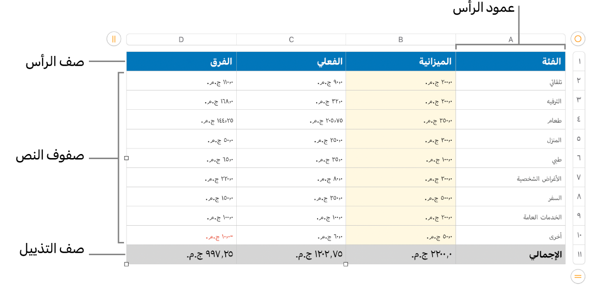 جدول يعرض صفوف وأعمدة الرأس، والمحتوى، والتذييل.