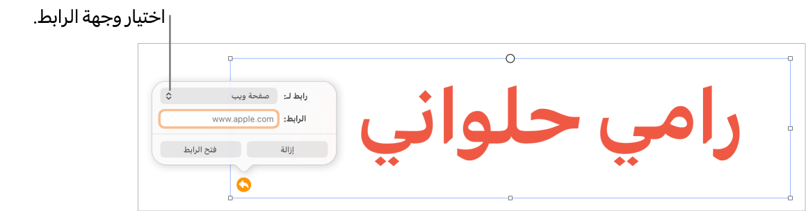 عناصر التحكم في محرر الرابط حيث يوجد الخيار صفحة الويب محددًا وتظهر أزرار إزالة وفتح الرابط في الأسفل.
