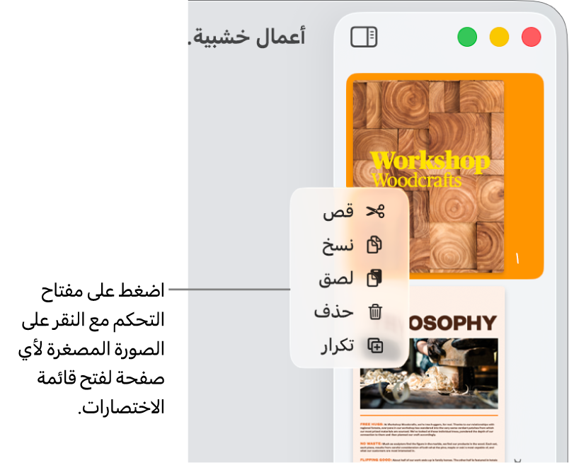 عرض الصور المصغرة للصفحات مع صورة مصغرة واحدة محددة وقائمة الاختصارات مفتوحة.