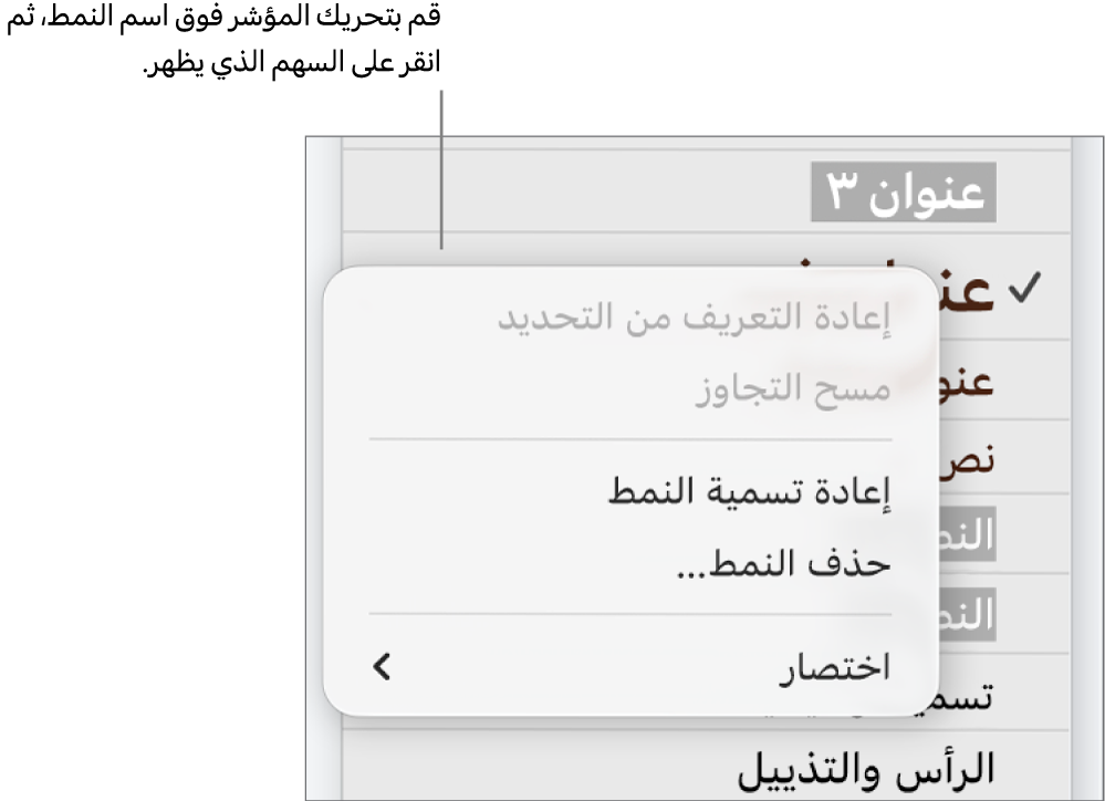 قائمة أنماط الفقرة مع قائمة الاختصارات مفتوحة.