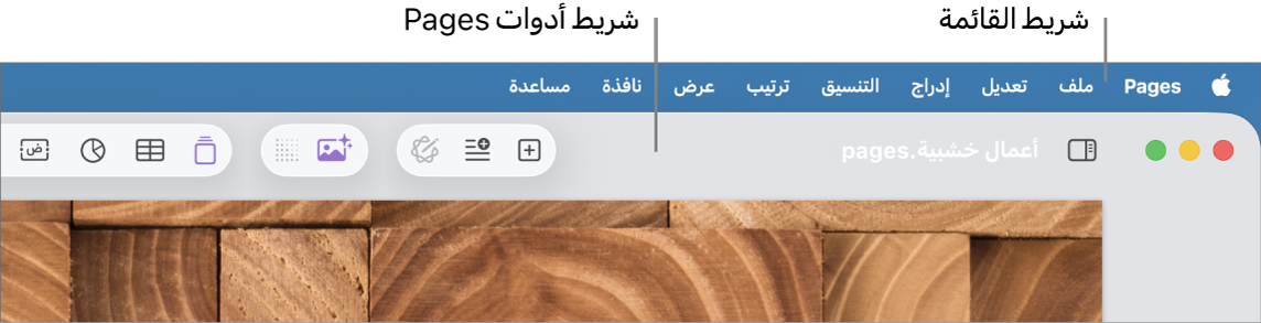 شريط القائمة في الجزء العلوي من الشاشة وبه قوائم Apple وPages وملف وتحرير وإدراج وتنسيق وترتيب وعرض ومشاركة ونافذة ومساعدة. أسفل شريط القائمة يوجد مستند Pages مفتوح به أزرار شريط الأدوات على طول الجزء العلوي لكل من عرض وتكبير/تصغير وإضافة صفحة وإدراج وجدول ومخطط ونص وشكل ووسائط وتعليق.