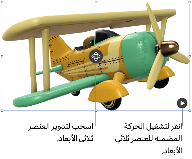 عنصر ثلاثي الأبعاد مع عرض زر التدوير في منتصف العنصر، وزر تشغيل في الزاوية السفلية اليسرى.