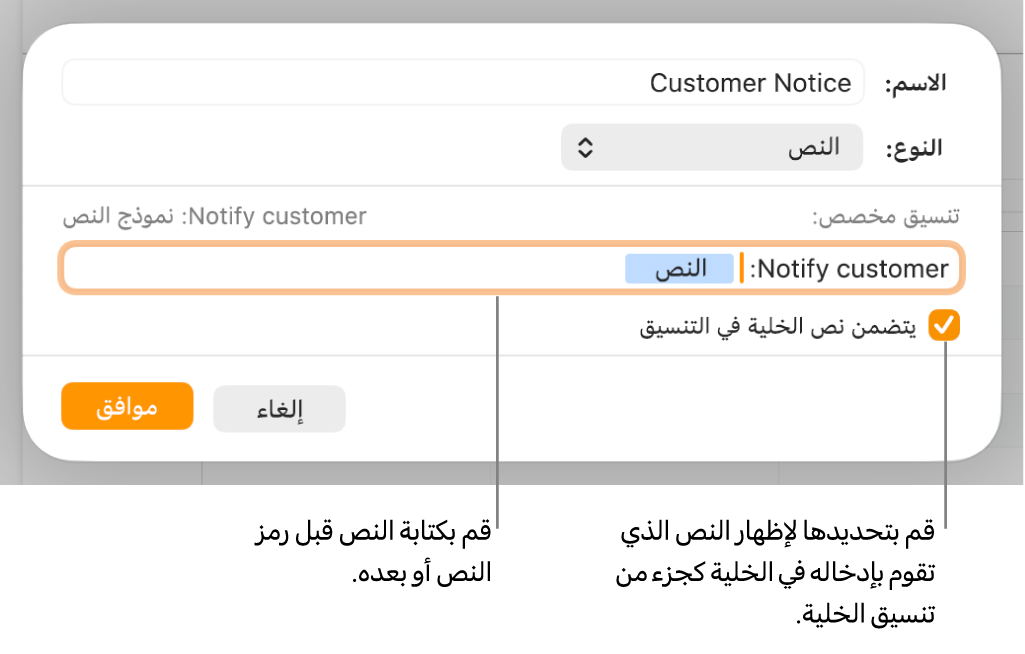 نافذة تنسيق خلية مخصصة مع عناصر تحكم لاختيار التنسيق المخصص للنص.