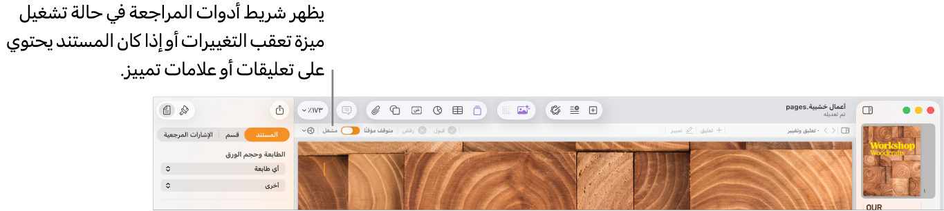 شريط أدوات Pages مع تشغيل تعقب التغييرات، ووجود شريط أدوات المراجعة أسفل شريط أدوات Pages.