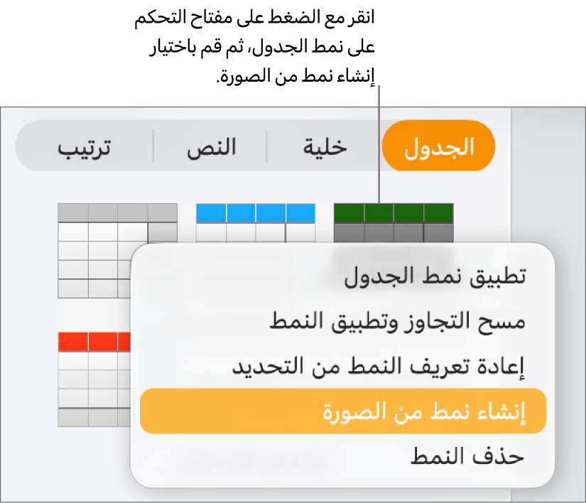 قائمة اختصارات نمط الجدول.