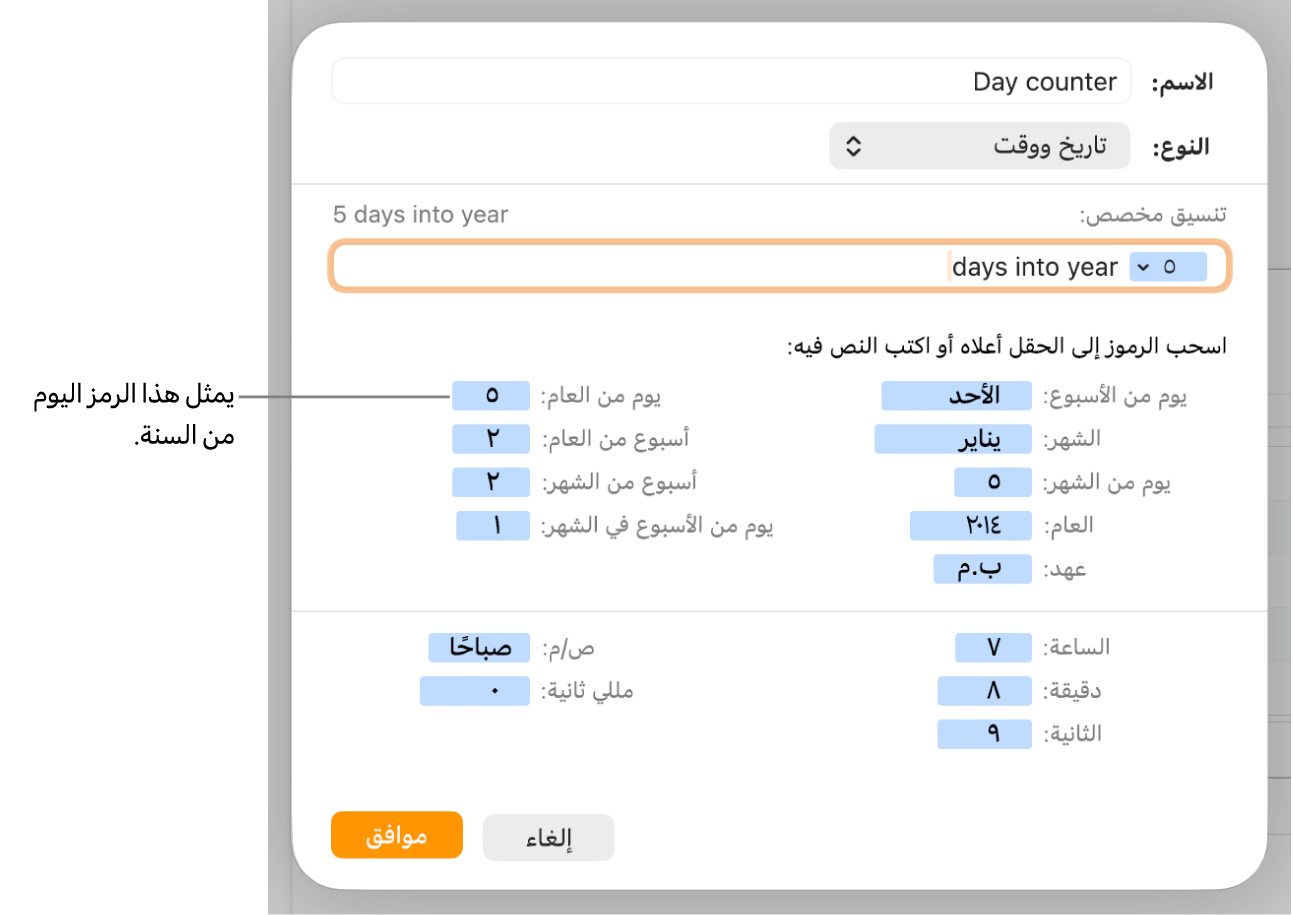 نافذة تنسيق خلية مخصصة مع عناصر تحكم لاختيار التنسيق المخصص للتاريخ والوقت.