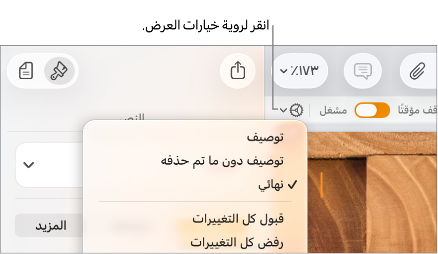 تُظهر قائمة خيارات المراجعة "توصيف" و"علامة دون محذوفات" و"النهائي".