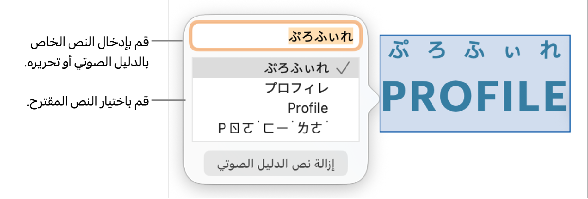 يفتح نص الدليل الصوتي لكلمة، مع وسائل شرح لحقل النص والنص المقترح.