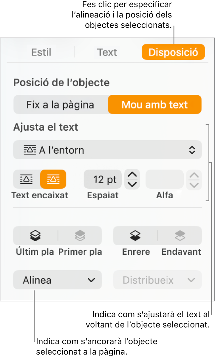El menú Format, en què es mostra la barra lateral Disposició. Les opcions de “Posició de l’objecte” es mostren a la part superior de la barra lateral “Disposició”, amb les opcions d’“Ajusta el text” a sota.