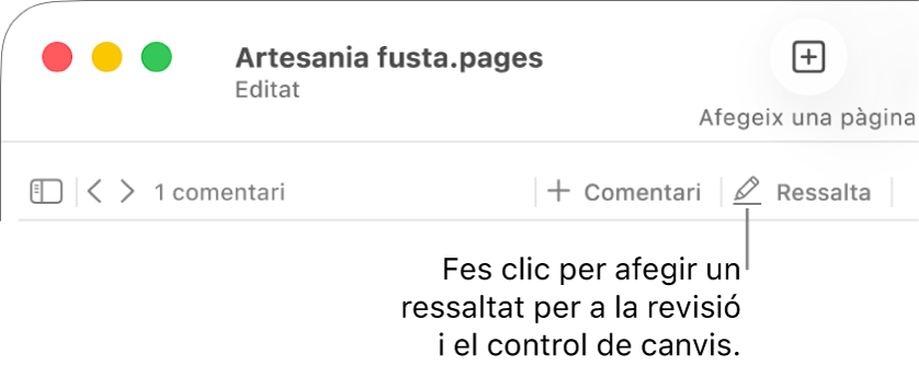La barra de menús, que mostra el menú “Insereix”, i, a sota, la barra d’eines del Pages amb les eines de revisió visibles i una referència al botó “Ressalta”.