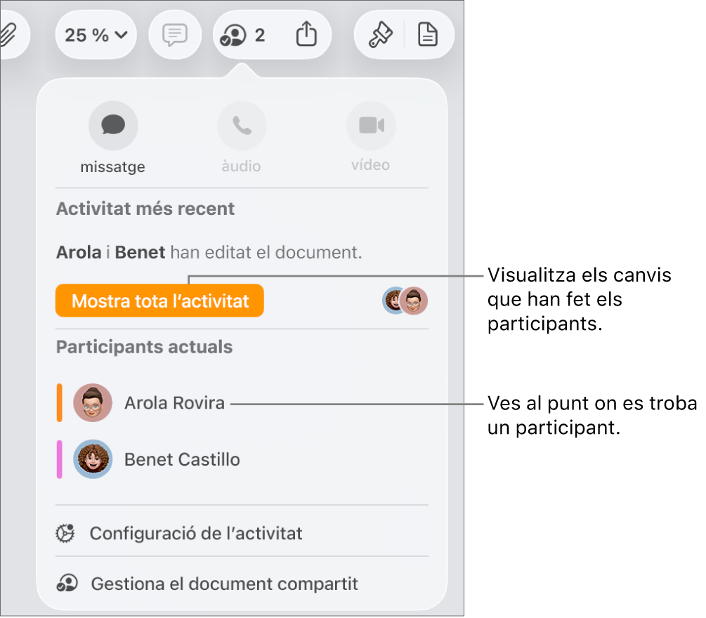 Menú de col·laboració amb una llista de dos participants actuals.
