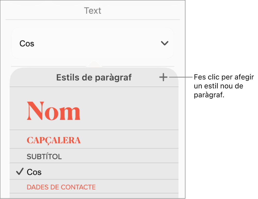 El menú “Estils de paràgraf” amb una llegenda per al botó “Nou estil”.
