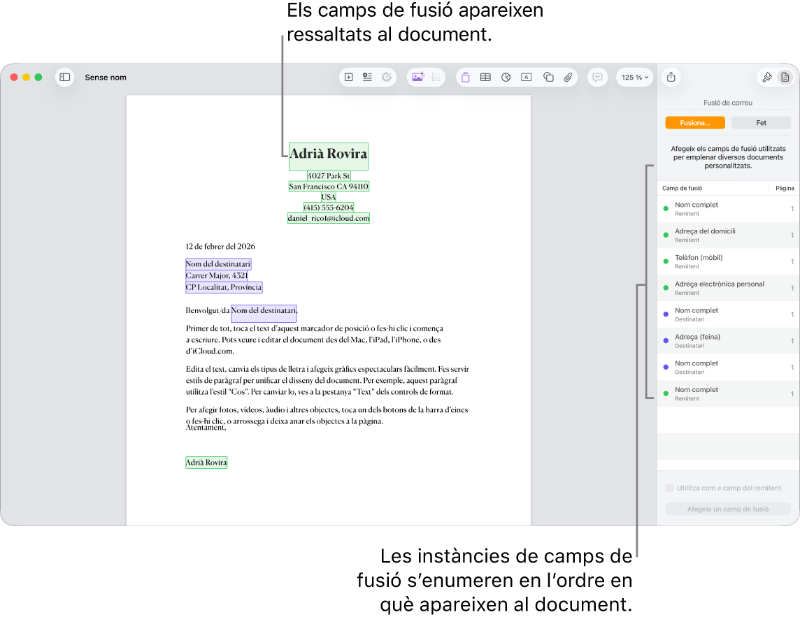 Un document del Pages en què es mostren els camps de fusió de destinatari i remitent, i la llista d’instàncies de camp de fusió visible a la barra lateral del document.